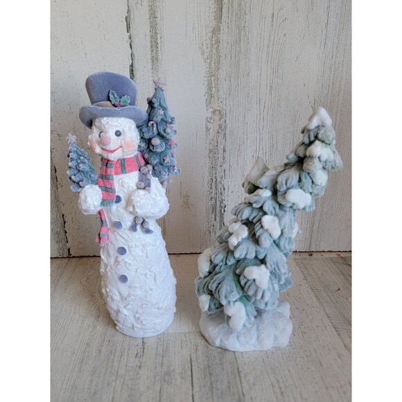 Flocked Snowman pine tree cutting xmas unique set home decor - Picture 1 of 9